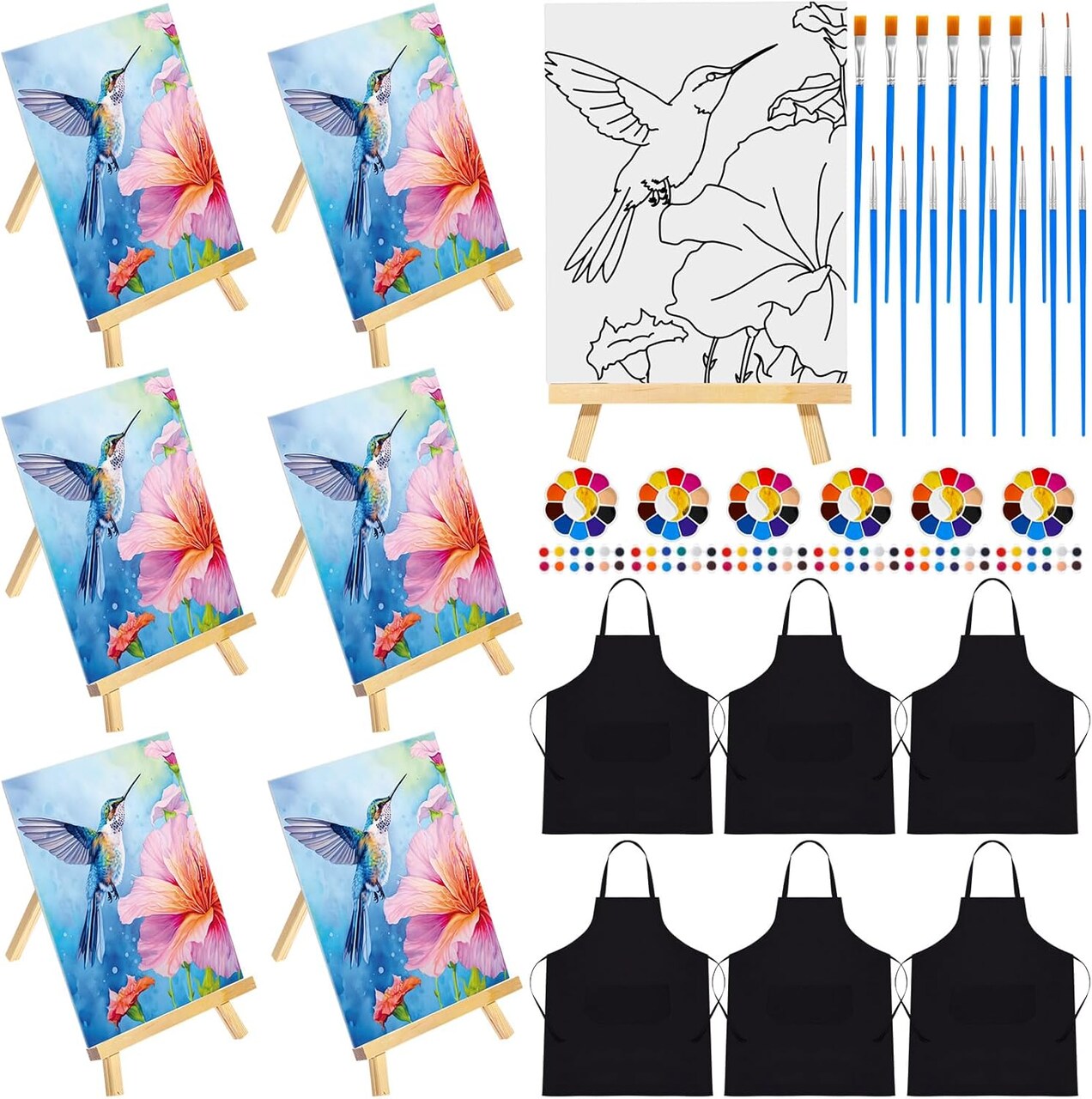 6 Set Pre Drawn Canvas for Painting for Adults Sip and Paint Kit with Easels 8 x 10 Inches Paint Party Kit with Printed Canvas Paints Brushes Palette Apron(Hummingbird)